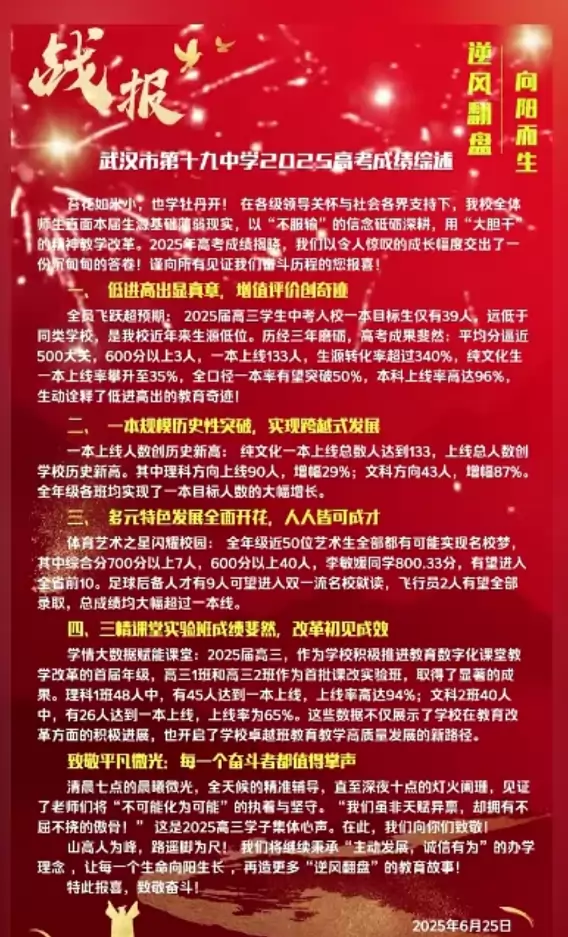 2025年武汉市第十九中学高考成绩升学率(高考喜报)