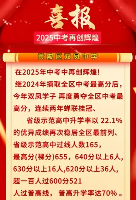 2025年武汉市黄陂区双凤中学中考成绩升学率(中考喜报)