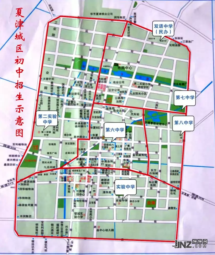 2025年夏津县城区初中招生学区划分范围示意图