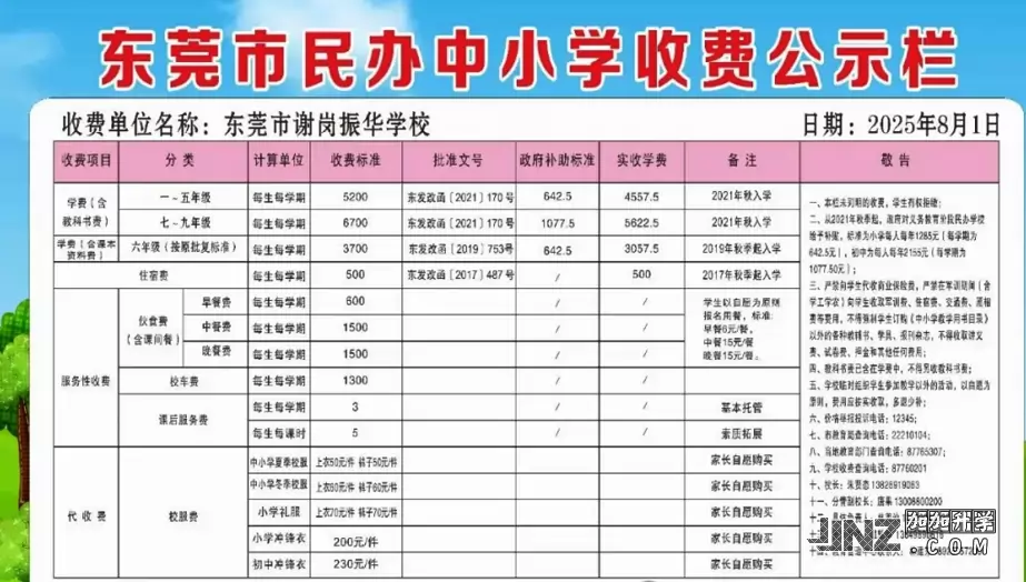 2025年东莞市谢岗振华学校最新收费标准