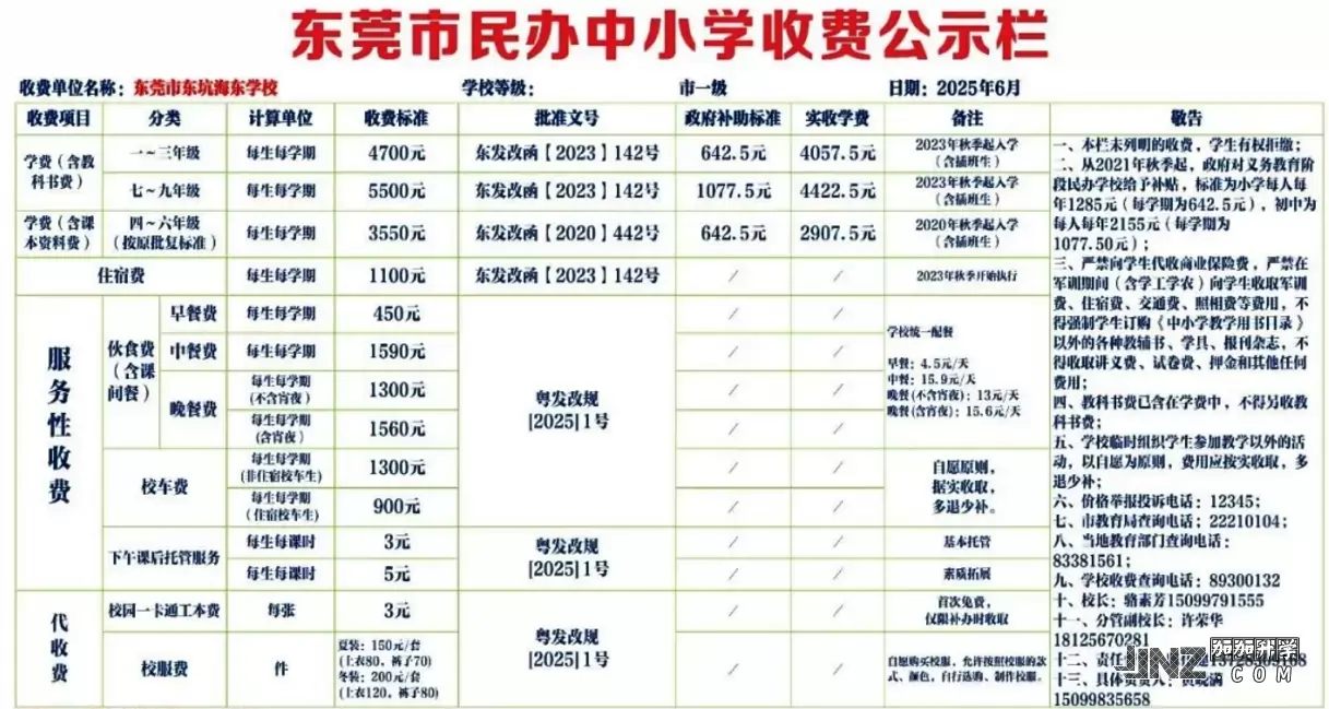 2025年东莞市东坑海东学校最新收费标准