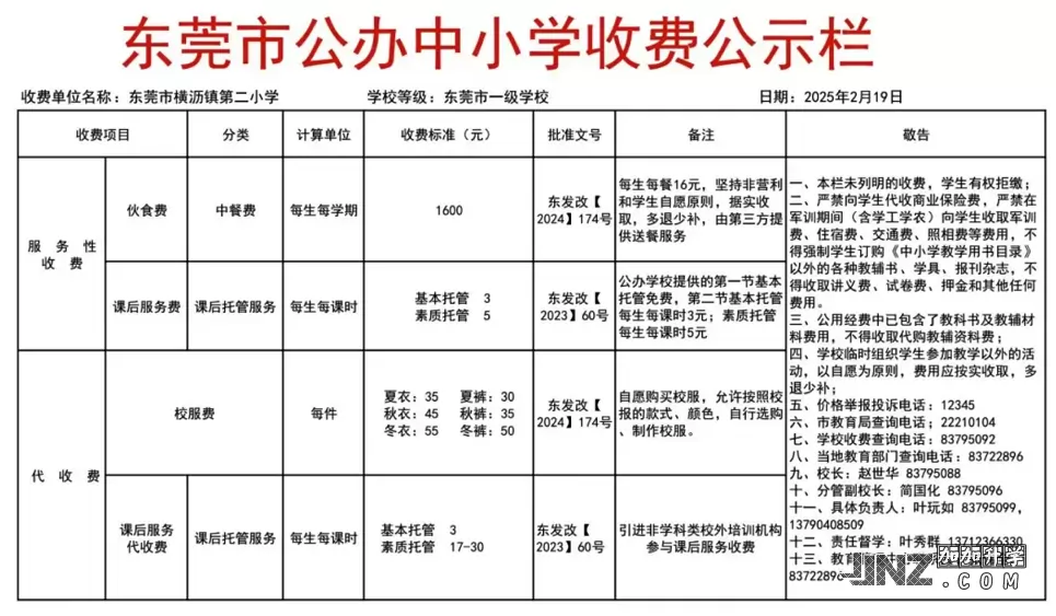 2025年东莞市横沥镇第二小学最新收费标准