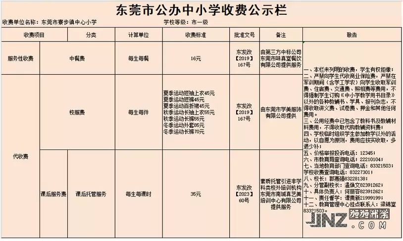 2025年东莞市寮步镇中心小学最新收费标准