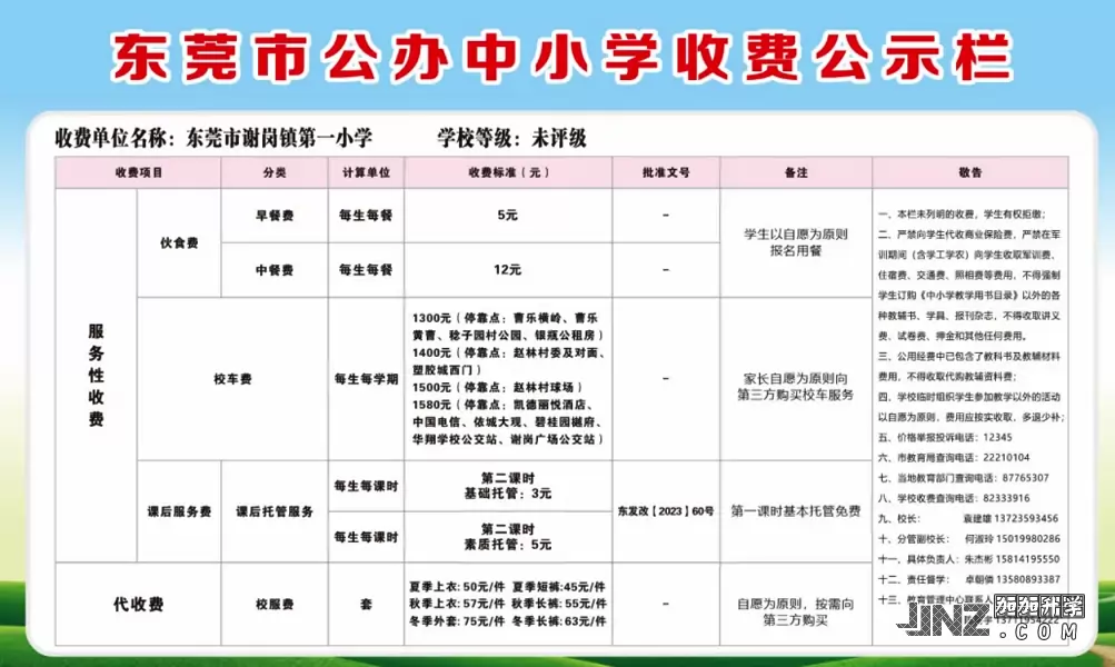 2025年东莞市谢岗镇第一小学最新收费标准