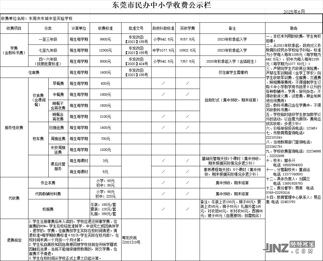 2025年东莞市东城中坚实验学校最新收费标准