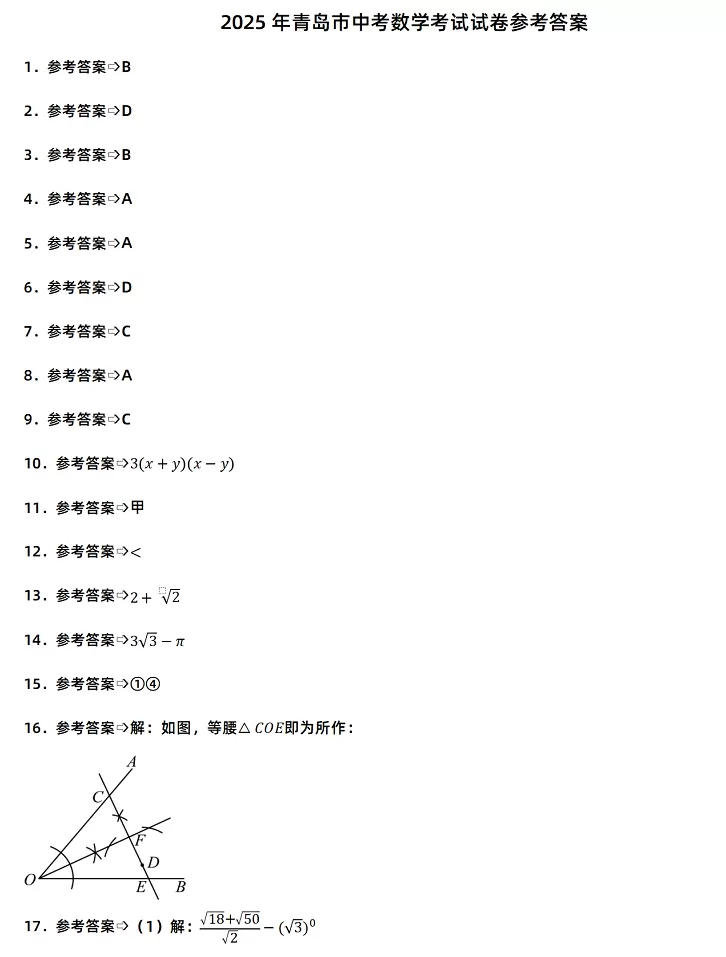 2025年青岛市中考数学考试试卷参考答案1