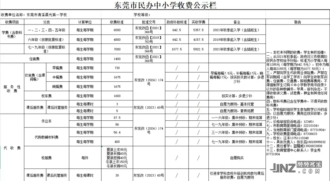 2025年东莞市清溪晨光第一学校最新收费标准