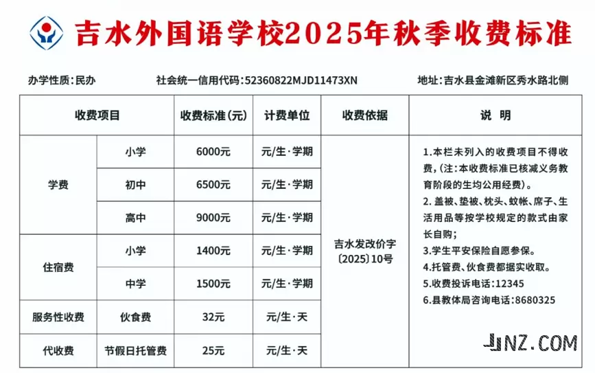 2025年吉水外国语学校收费标准