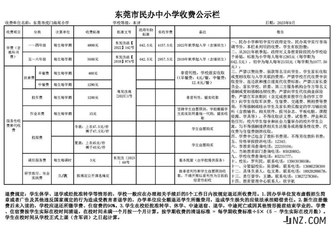2025年东莞市虎门南苑小学收费标准