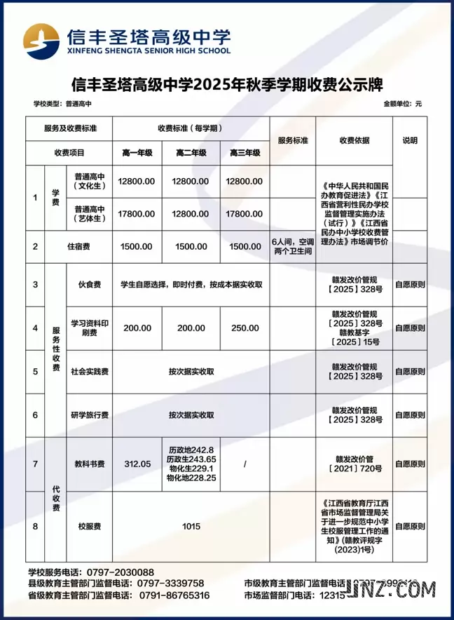 2025年信丰圣塔高级中学收费标准