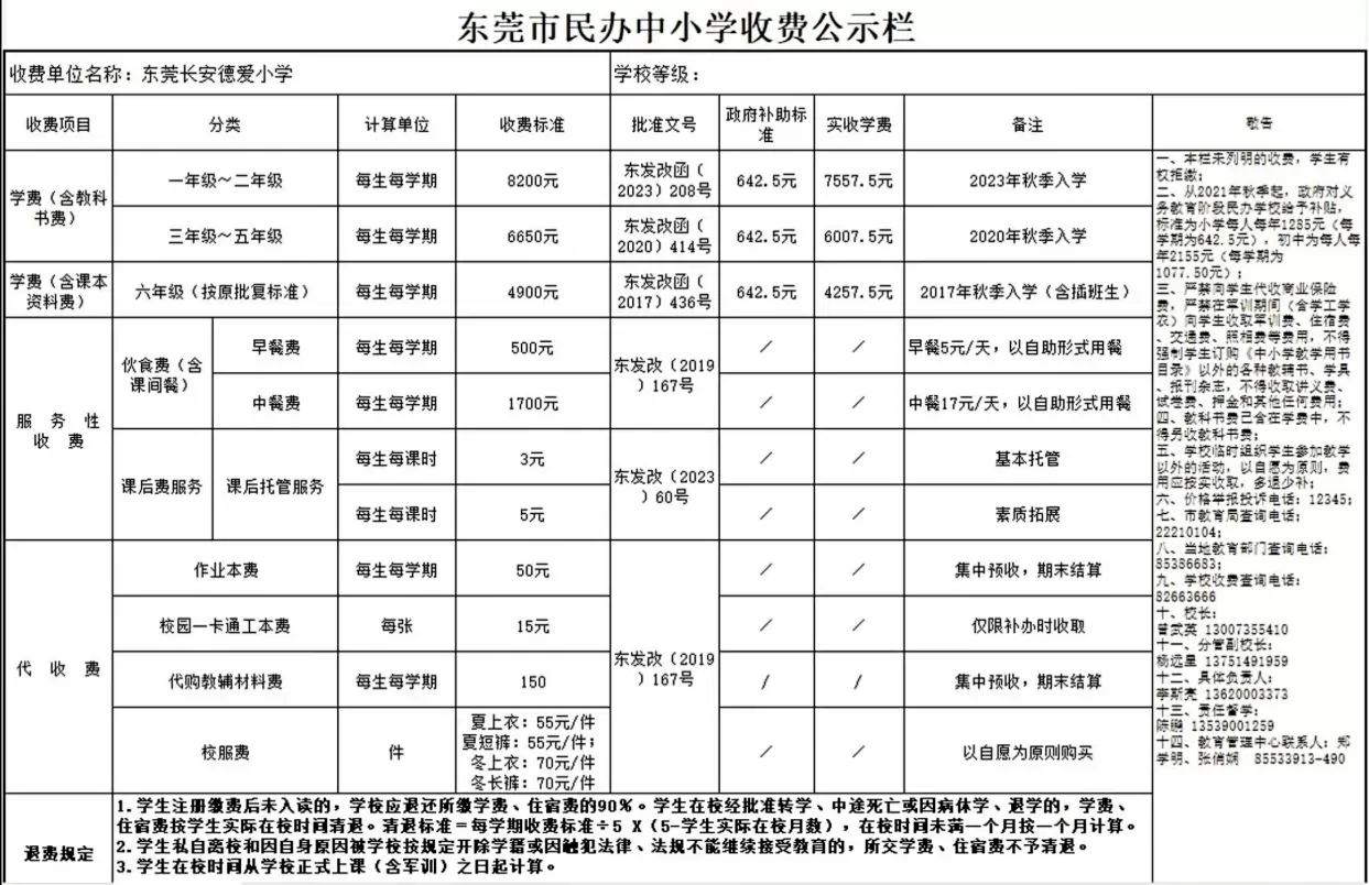 2025年东莞市长安德爱小学收费标准