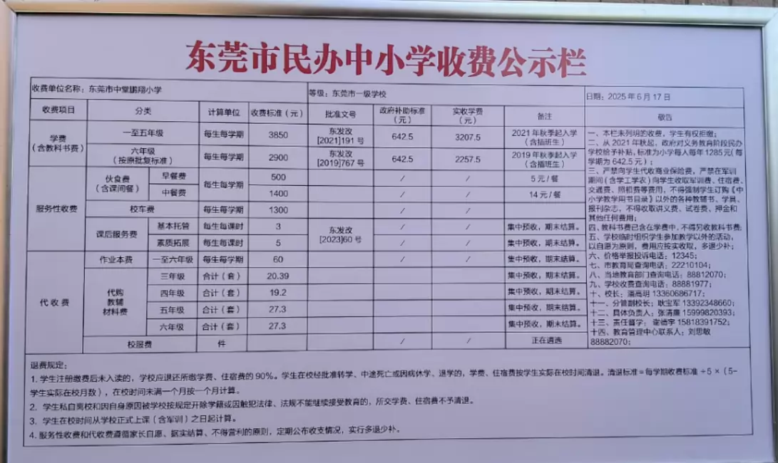 2025年东莞市中堂鹏翔小学收费标准