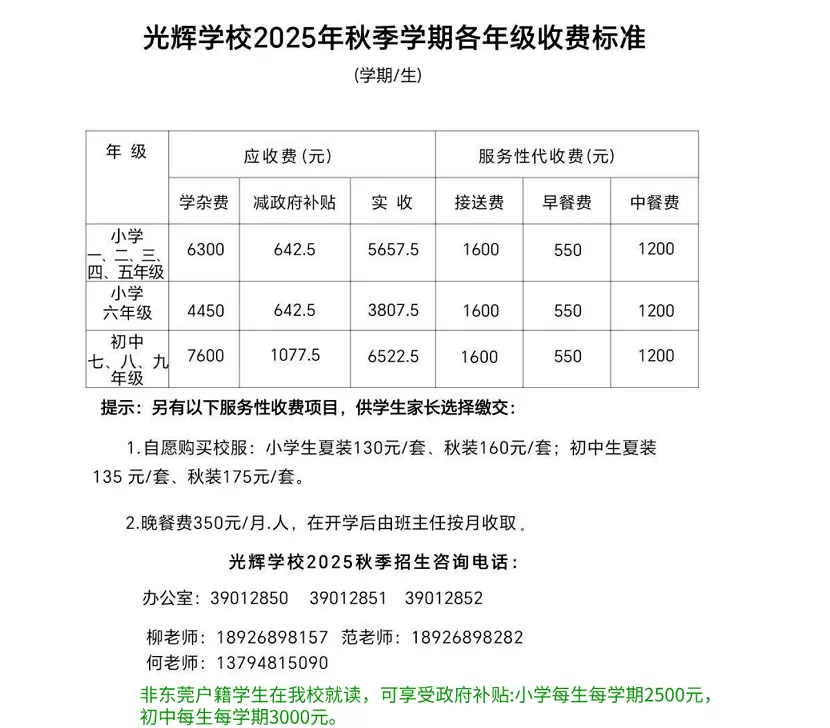 2025年东莞市桥头光辉学校收费标准