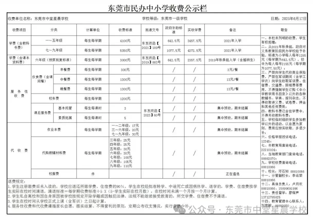 2025年东莞市中堂星晨学校收费标准