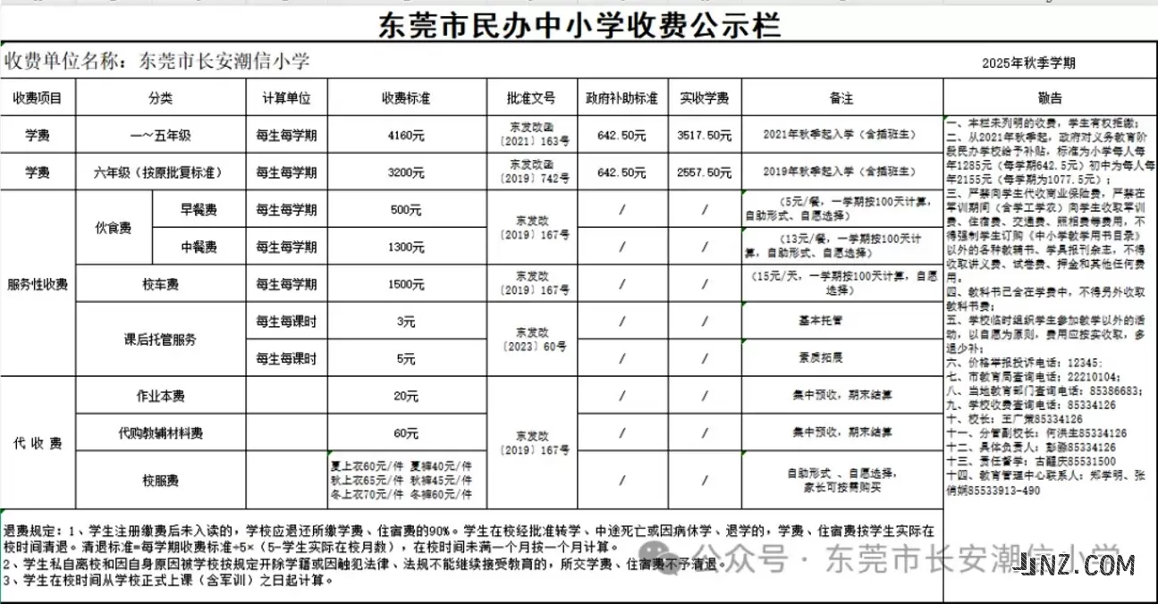 2025年东莞市长安潮信小学收费标准