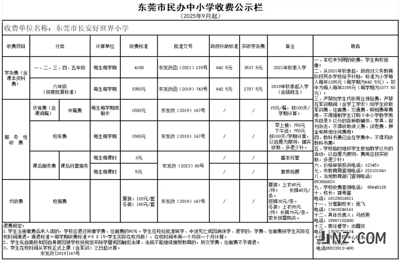 2025年东莞市长安好世界小学收费标准