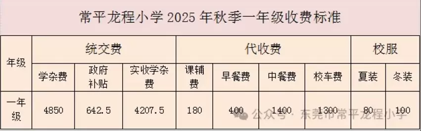 2025年东莞市常平龙程小学收费标准