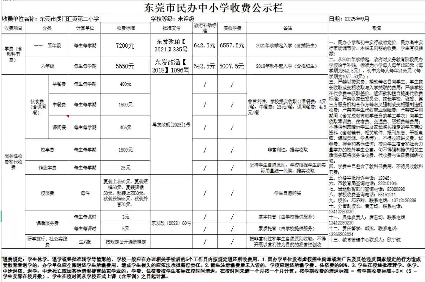 2025年东莞市虎门汇英第二小学收费标准
