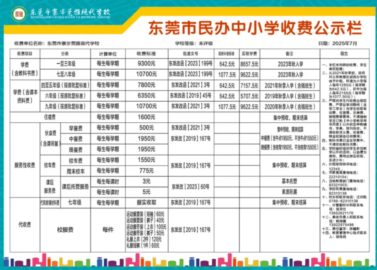 2025年东莞市寮步莞雅现代学校收费标准