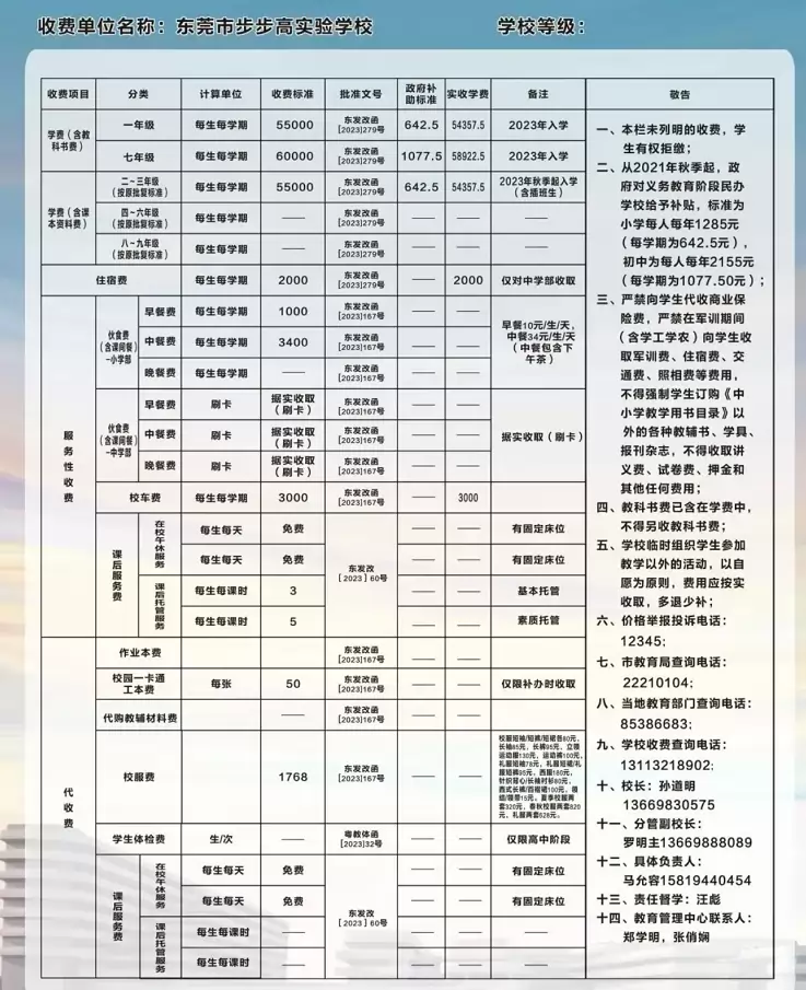 2025年东莞市步步高实验学校收费标准