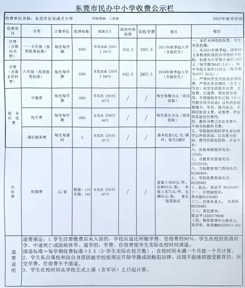 2025年东莞市长安成才小学收费标准