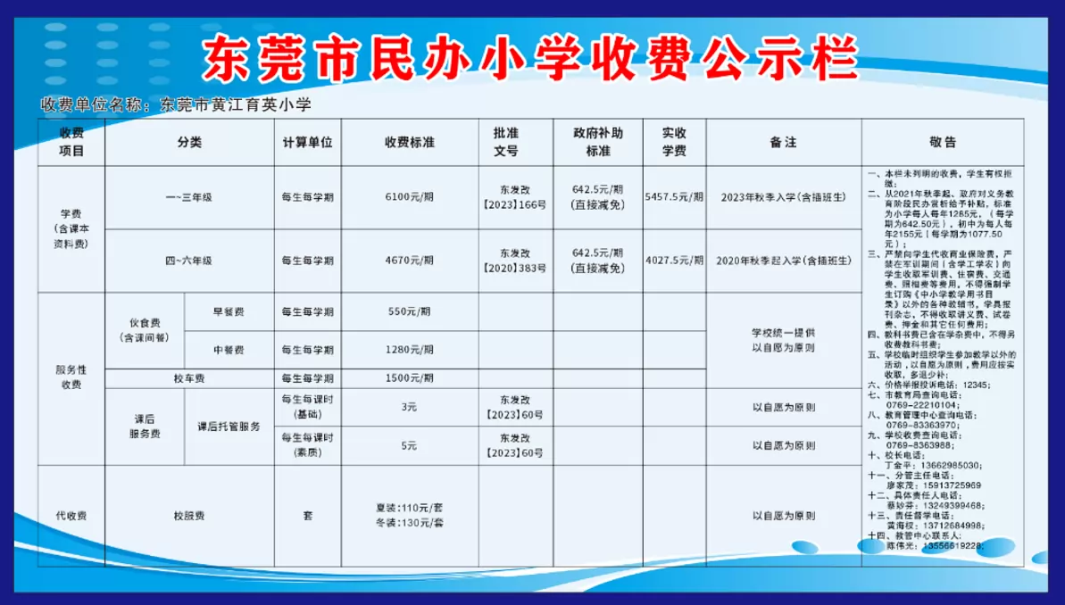2025年东莞市黄江育英小学收费标准