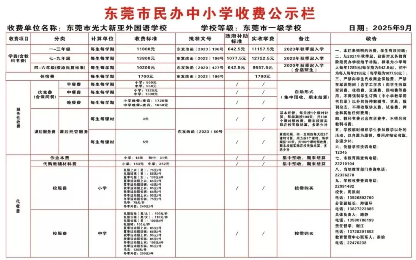 2025年东莞市光大新亚外国语学校收费标准3