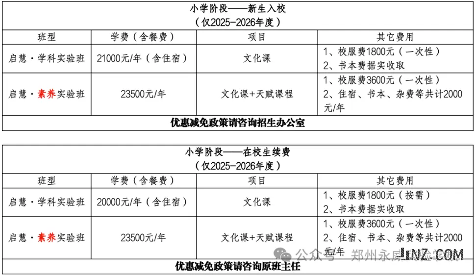 2025年郑州永威实验学校小学部收费标准